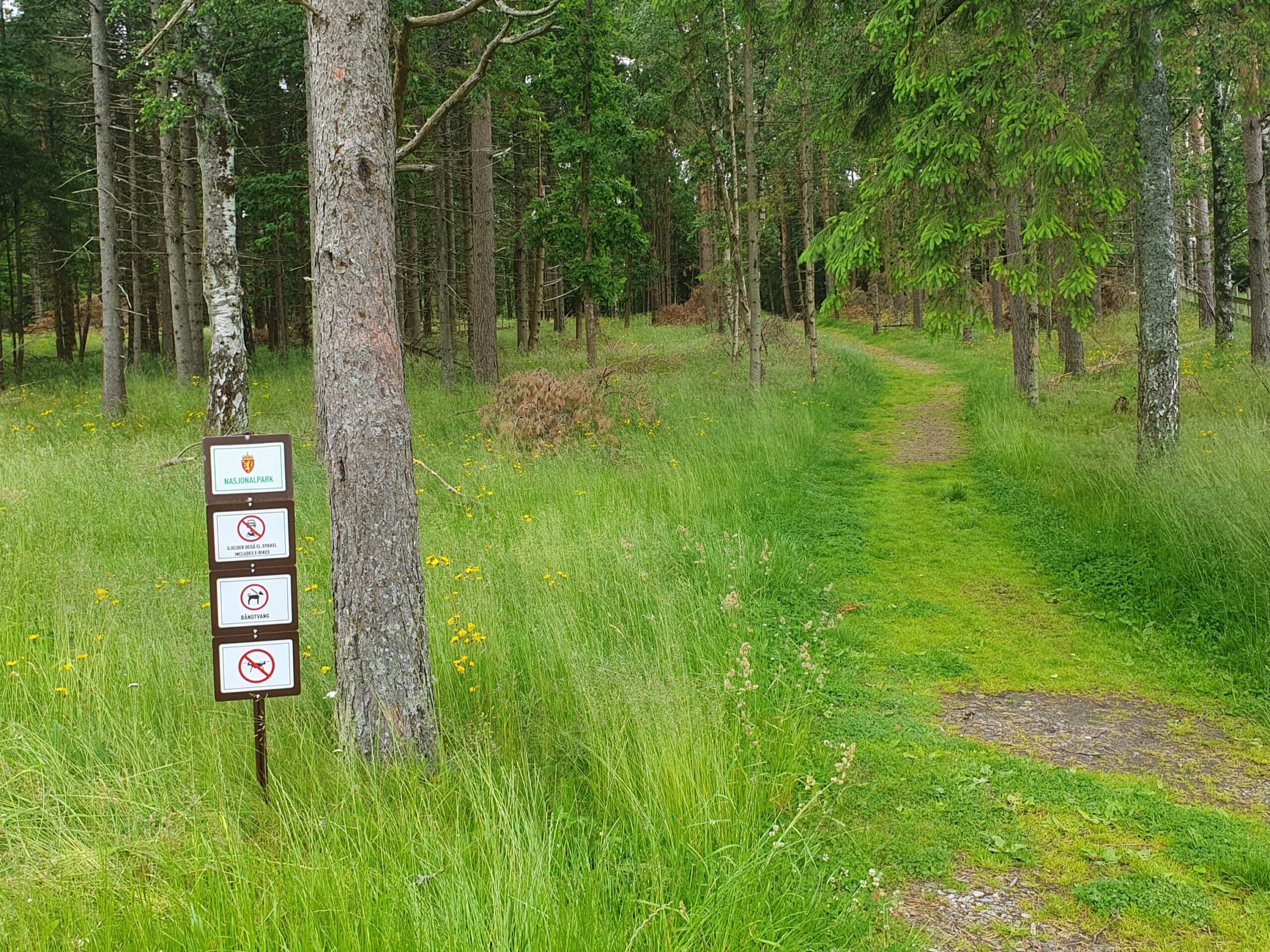Skilt foran skog til nasjonalpark med underskilt.